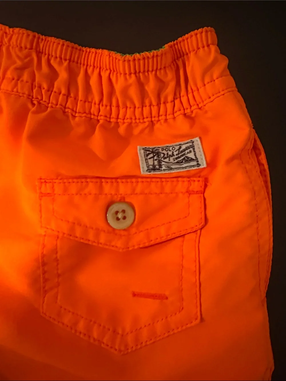 Ralph Lauren Orange Kids Swim Trunks with Teddy logo. Size 9-12 months
